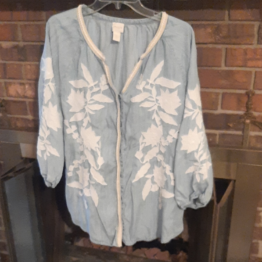 Chico's Sky Blue Blouse with White Floral Embroidery
